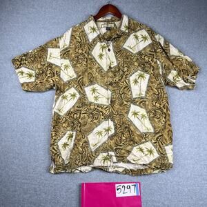 Tommy Bahama Shirt Large Silk Hawaiian Tribal Palm Button Up Short Sleeve Mens